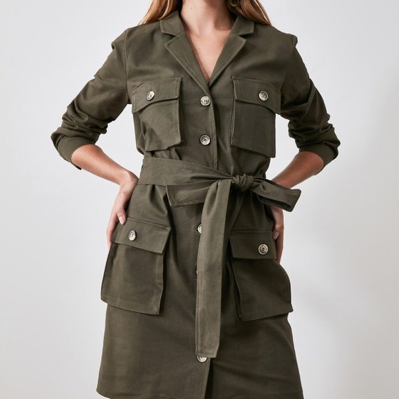 Green Khaki Belted Pocket Detailed Dress - Picture 3 of 5